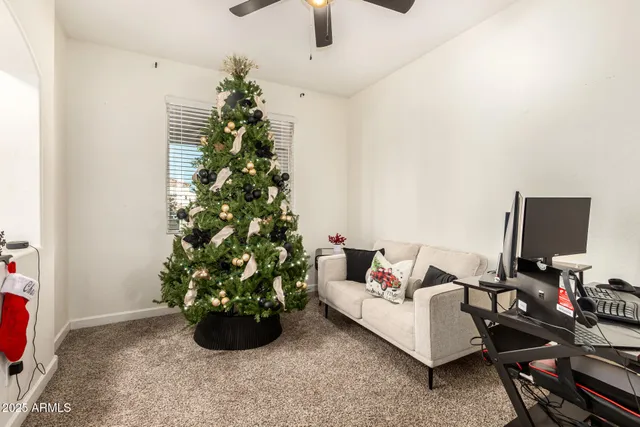 a living room with furniture and a potted plant