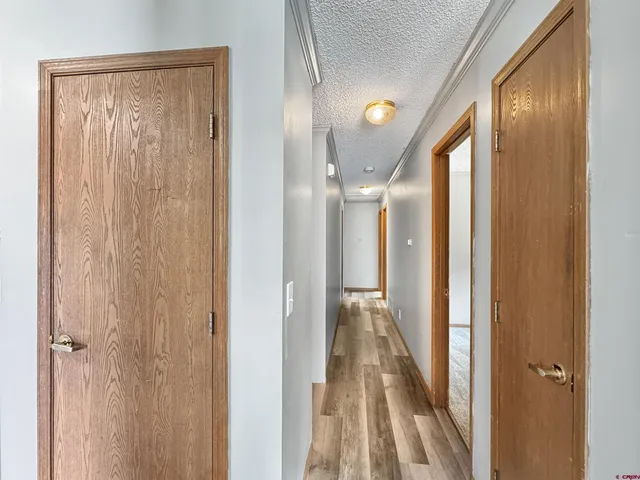 a view of a hallway with wooden floor and a glass door