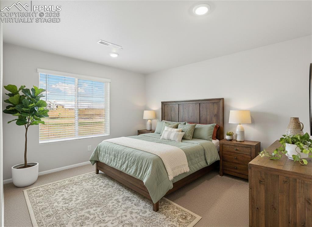 6754 Roundtail Way Colorado Springs, CO 80925 - Photo 11 of 31 a bedroom with a large bed and a potted plant