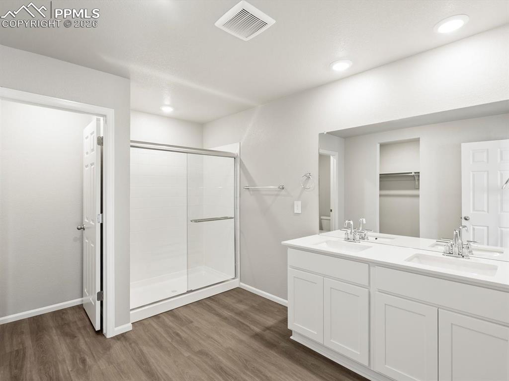6754 Roundtail Way Colorado Springs, CO 80925 - Photo 24 of 31 a bathroom with a double vanity sink mirror and shower