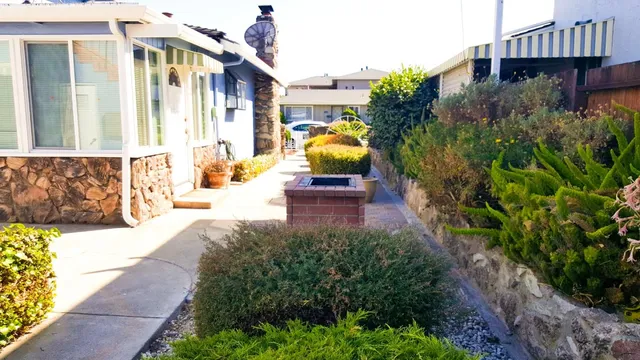 a view of a patio with couches and potted plants