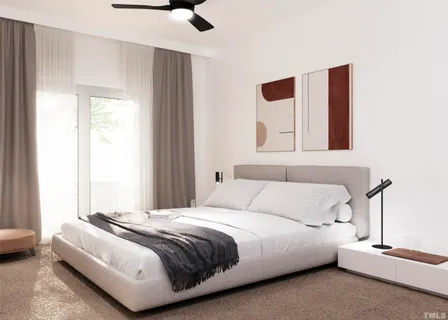 a bedroom with a bed and a night stand