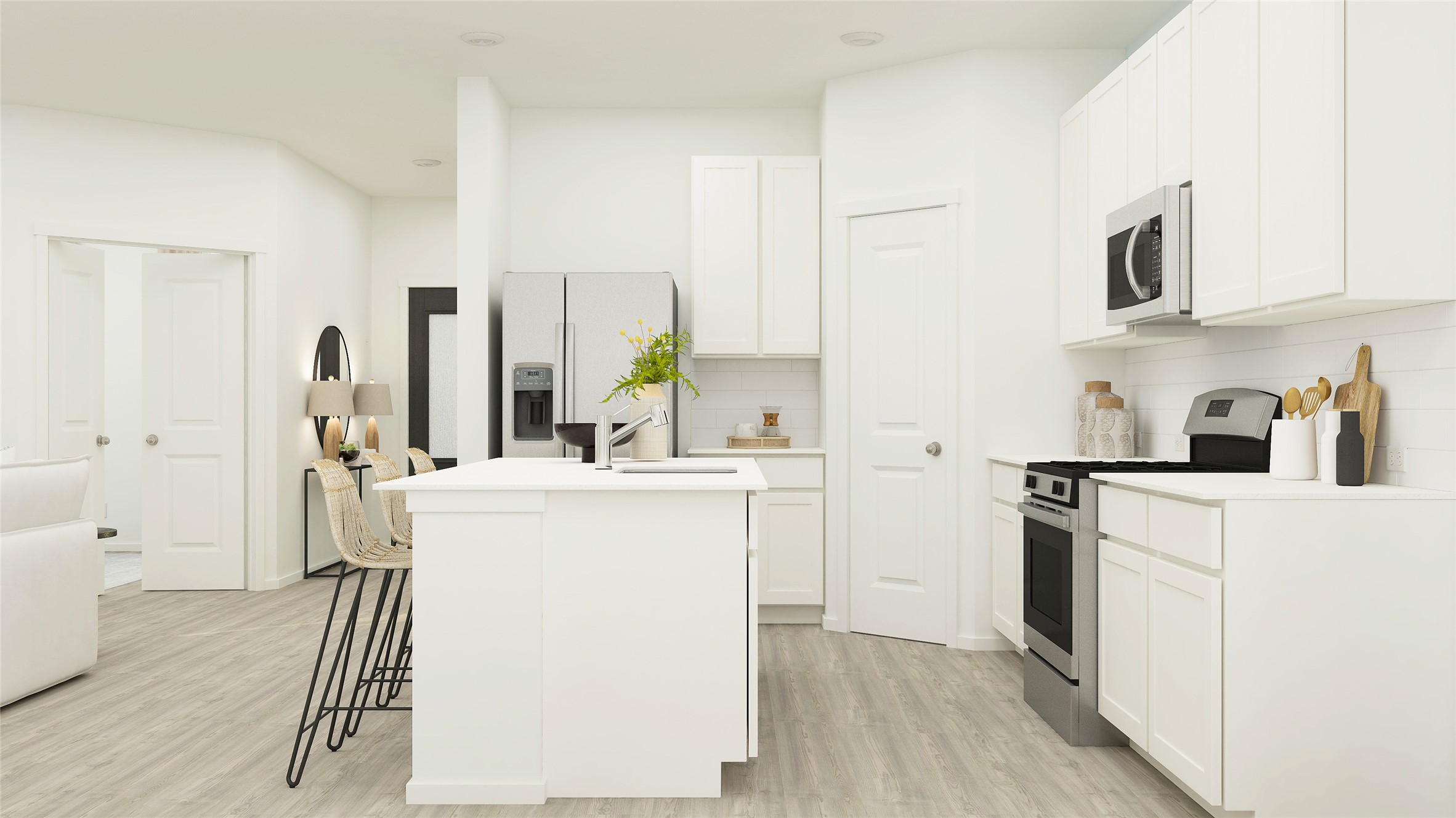 17911 Nashville Warbler Road Pflugerville, TX 78660 - Photo 12 of 22 a kitchen with a sink a refrigerator a stove and white cabinets with wooden floor
