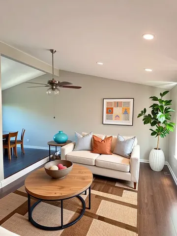 a living room with furniture and a potted plant
