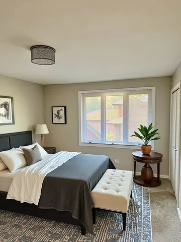 a bedroom with a bed and a couch