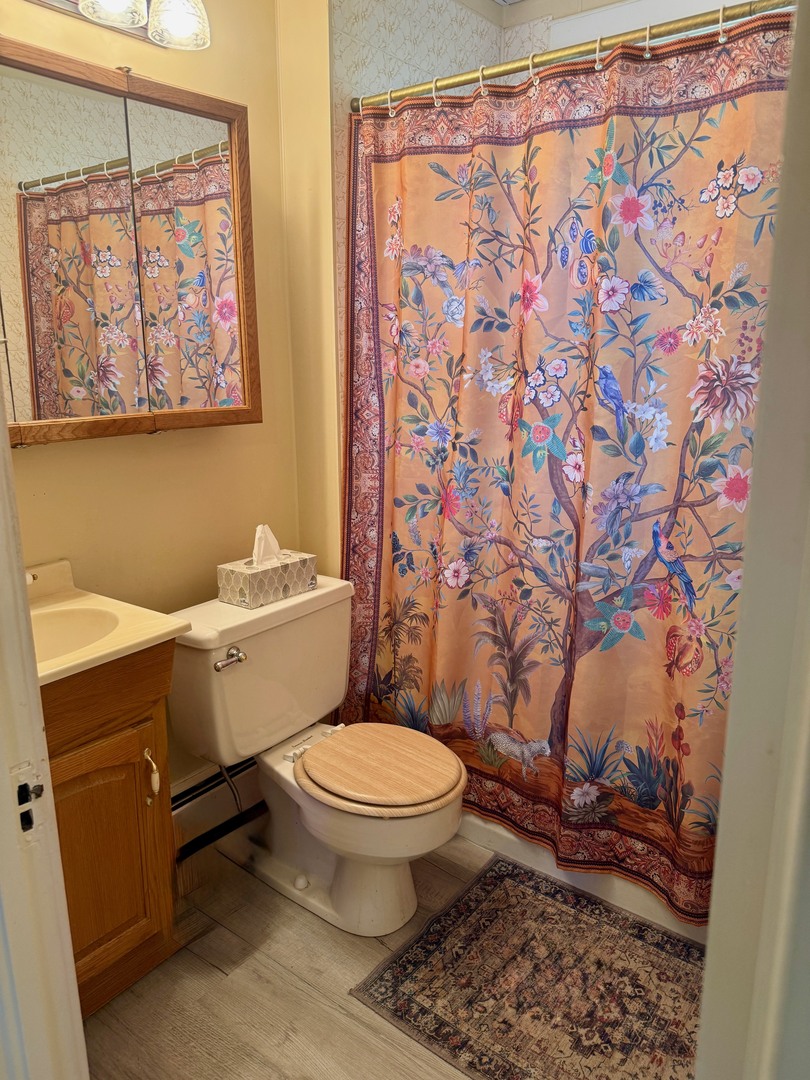742 South 4th Street DeKalb, IL 60115 - Photo 19 of 46 a white toilet sitting next to a shower curtain