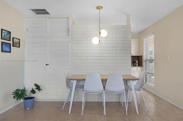 a view of a dining room with furniture