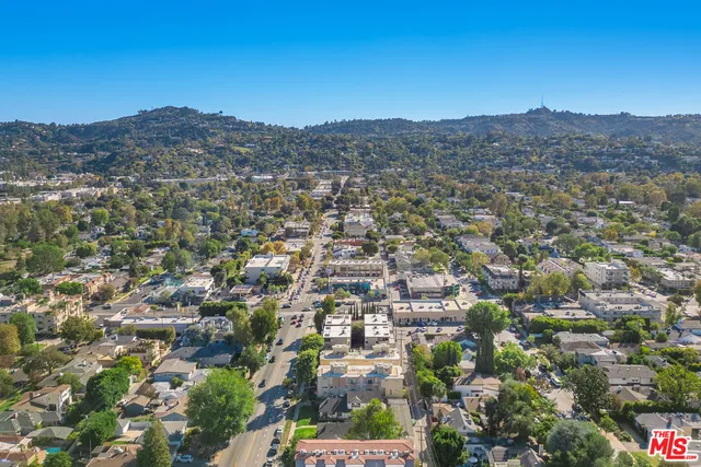 an aerial view of residential houses with outdoor space and trees