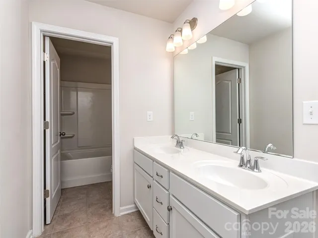 a bathroom with a sink vanity tub and a mirror