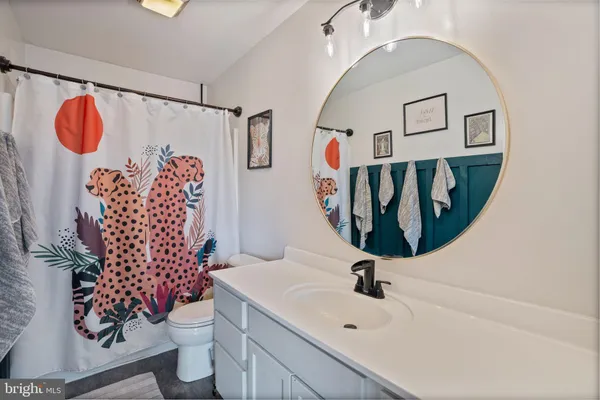 a bathroom with a sink toilet and mirror