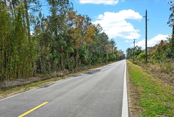 a view of a road from a yard