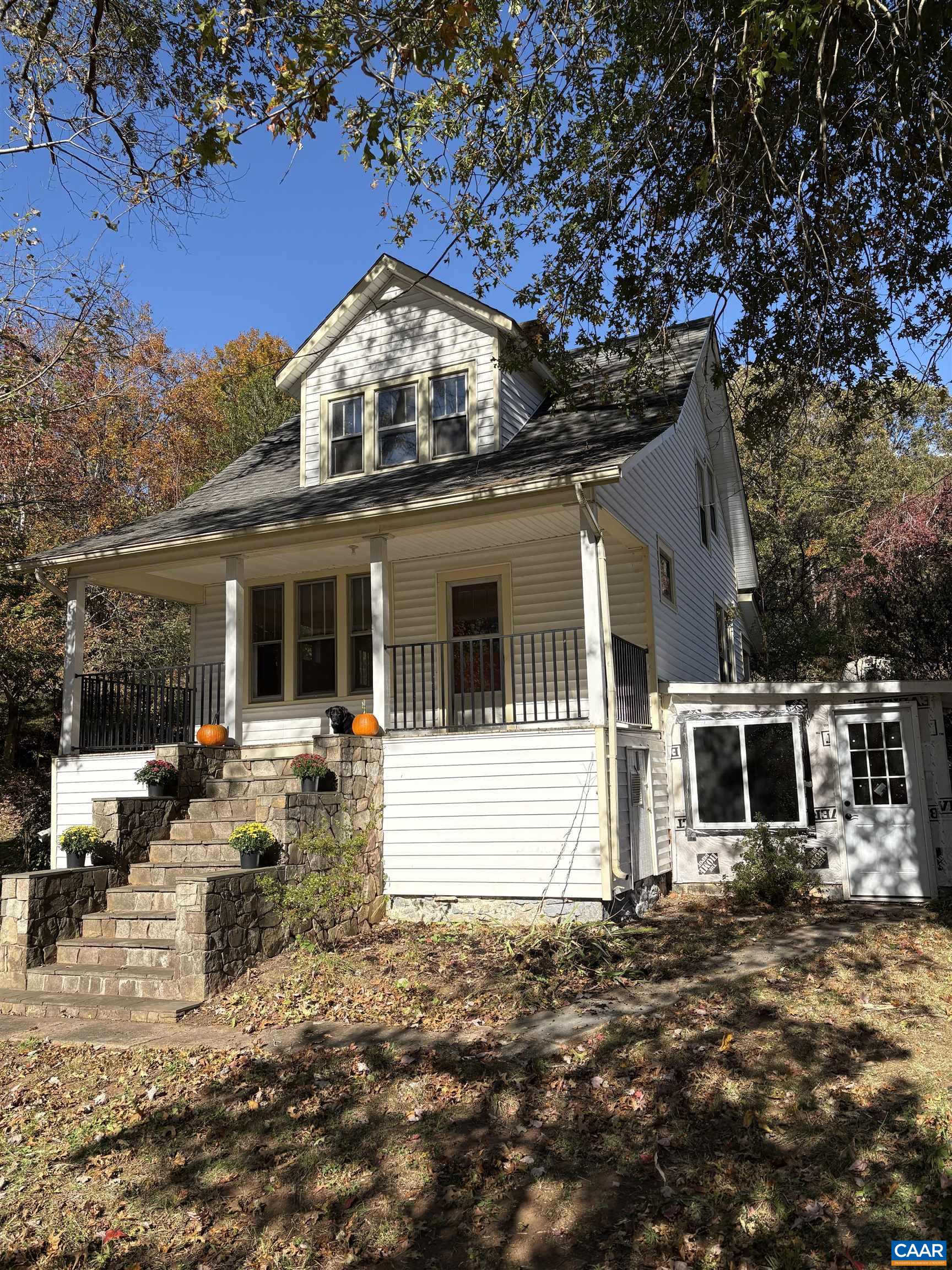 front view of a house with a patio