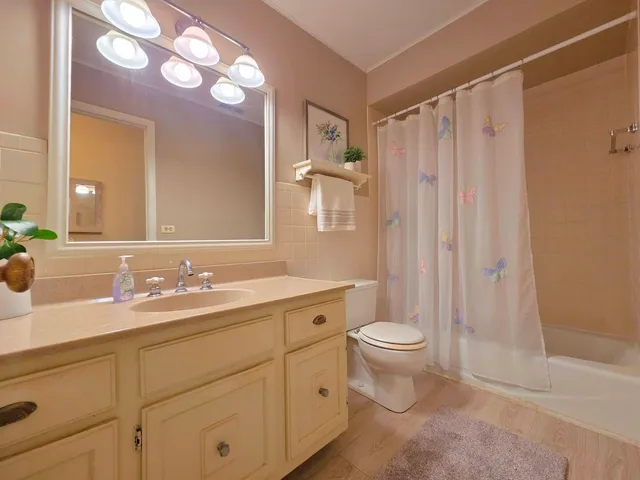 a bathroom with a double vanity sink toilet and a mirror