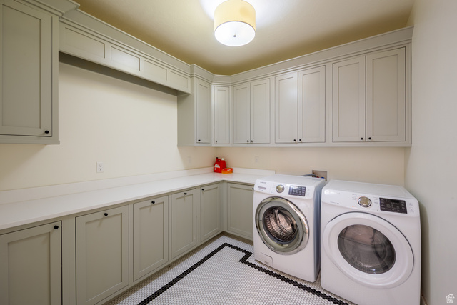 630 East Center Street Alpine, UT 84004 - Photo 55 of 115 Dedicated utility room featuring extensive built-in cabinetry, wide countertops, hexagonal tile flooring with a black border, a built-in recessed area for appliances, and a flush mount light fixture