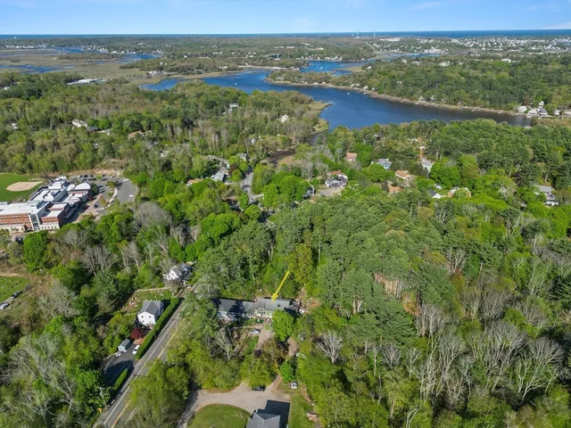 a view of a city with lush green forest
