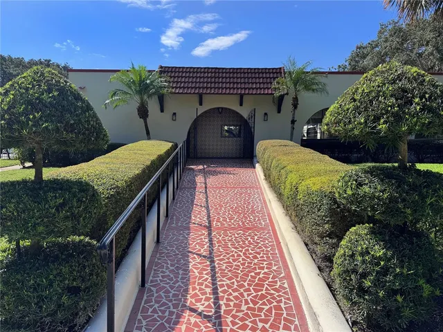a view of a garden with a tree