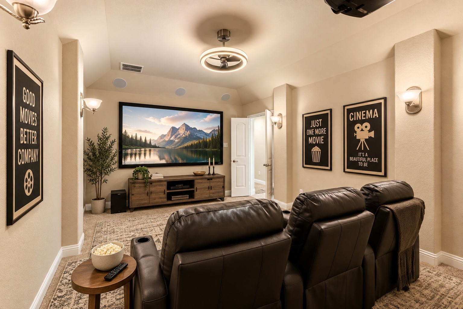 3565 Falcon Way Conroe, TX 77304 - Photo 27 of 50 Virtually Staged Media Room: Dedicated media room featuring theater seating, a large projection screen, built-in speakers, and a comfortable entertainment setup.