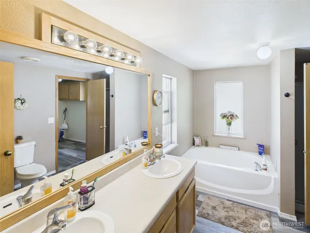 a bathroom with a tub sink and mirror