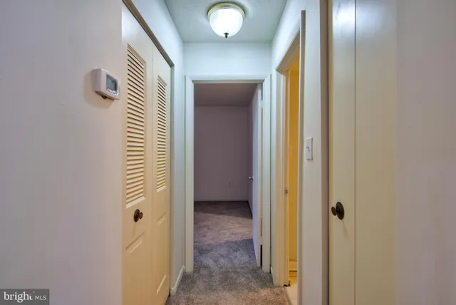 a view of a hallway with wooden floor and closet