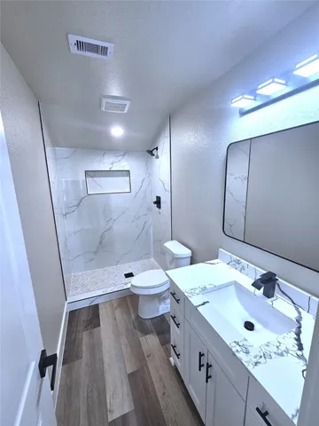 a bathroom with a sink a toilet and shower