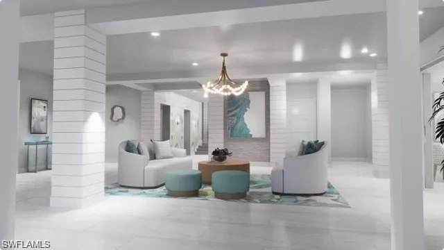 a living room with furniture a chandelier and a chandelier