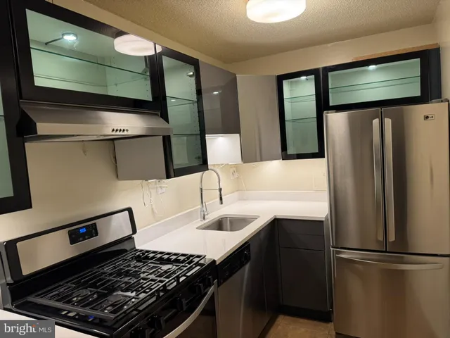 a kitchen with stainless steel appliances a refrigerator and a sink