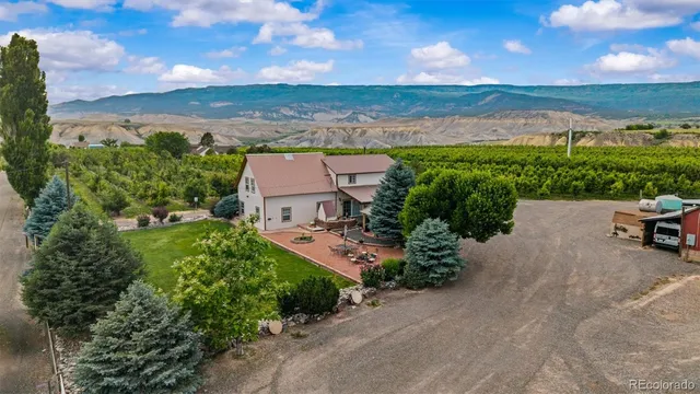 an aerial view of a house with a garden