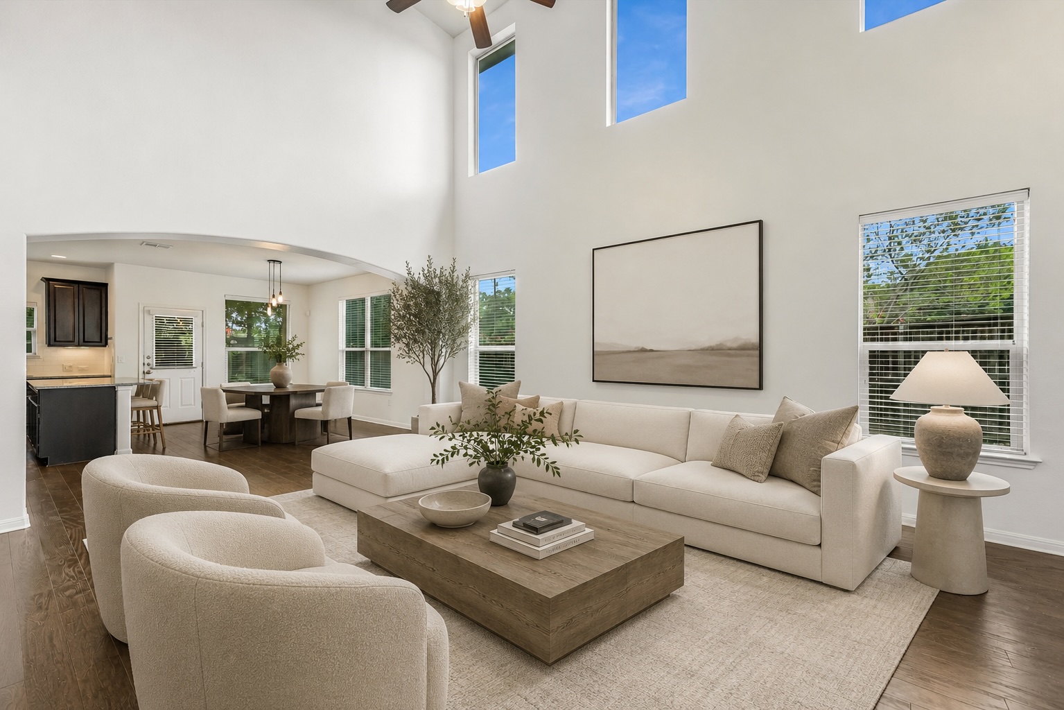 7709 Menchaca Road, Unit 1 Austin, TX 78745 - Photo 4 of 29 Virtually AI Staged Living Room- Soaring two story living room with lots of windows and an abundance of natural light.