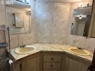 a bathroom with a sink and a mirror