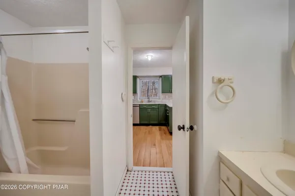 a bathroom with a shower and a sink