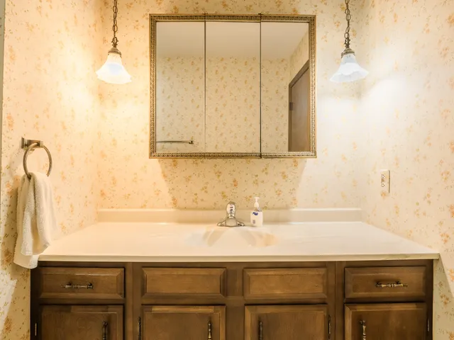 a bathroom with a sink and a mirror