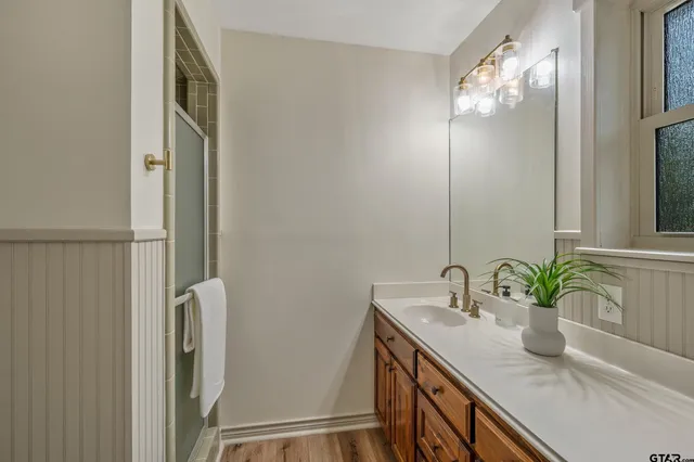 a bathroom with a sink a potted plant and a mirror