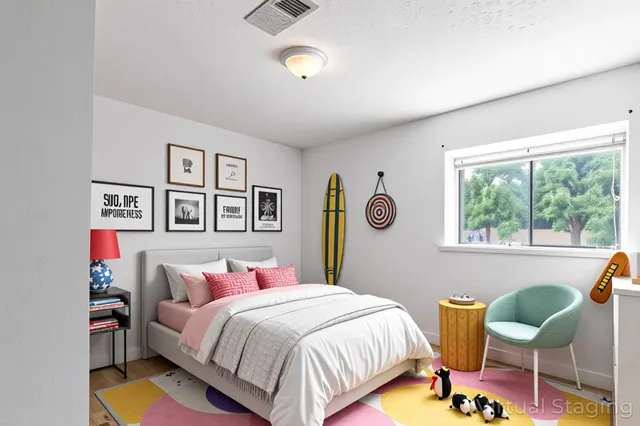 a bedroom with a bed and a window