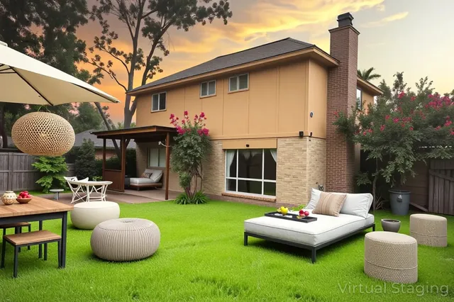 a front view of a house with patio furniture and fire pit