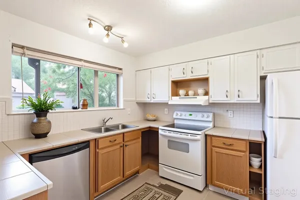 a kitchen with white cabinets and white appliances