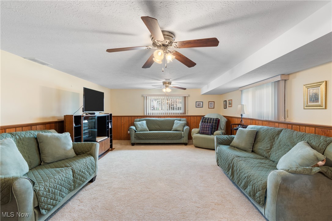 447 Center Road Bedford, OH 44146 - Photo 23 of 33 Living area featuring wooden walls, visible vents, wainscoting, carpet, and a textured ceiling