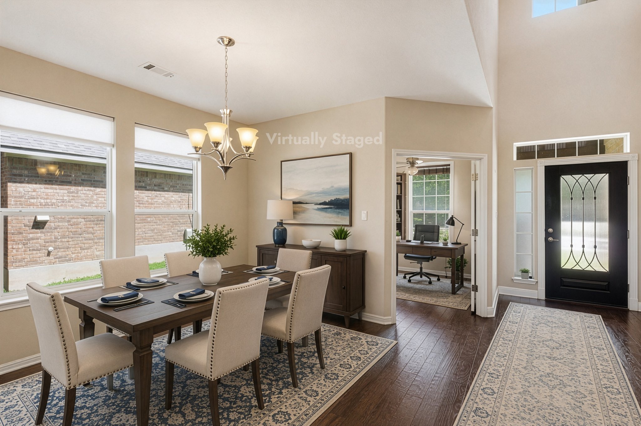 1511 Rimstone Drive Cedar Park, TX 78613 - Photo 6 of 39 AI Staging of furnishing with Hardwood floors guide you from the entry, past a well-lit office, to a formal dining space with abundant natural light.