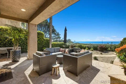 a view of a patio with couches and table and chairs and potted plants