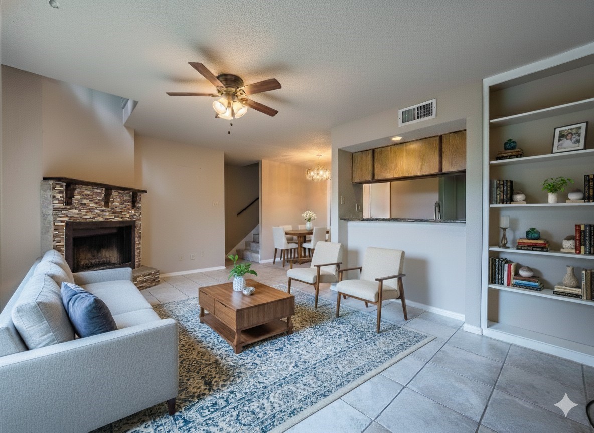 1500 Bay Area Boulevard, Unit 138 Houston, TX 77058 - Photo 2 of 13 a living room with furniture and a fireplace