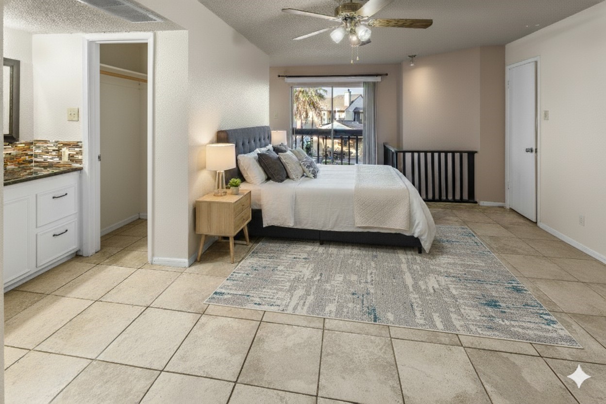 1500 Bay Area Boulevard, Unit 138 Houston, TX 77058 - Photo 9 of 13 a bedroom with a bed and a chandelier