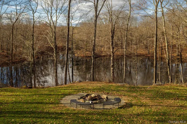 a view of a yard with large trees