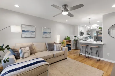 a living room with furniture a ceiling fan and a rug