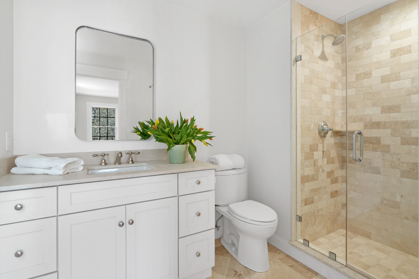 53 Stoney Hill Road West Tisbury, MA 02568 - Photo 31 of 51 a bathroom with a granite countertop sink a toilet and a mirror