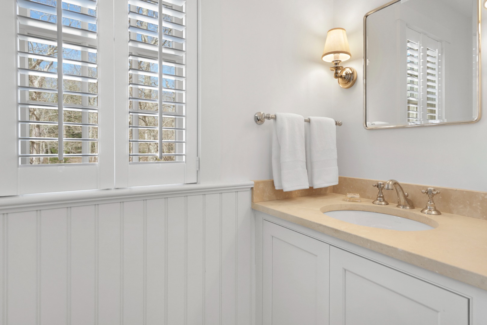 53 Stoney Hill Road West Tisbury, MA 02568 - Photo 35 of 51 a bathroom with a granite countertop sink and a mirror