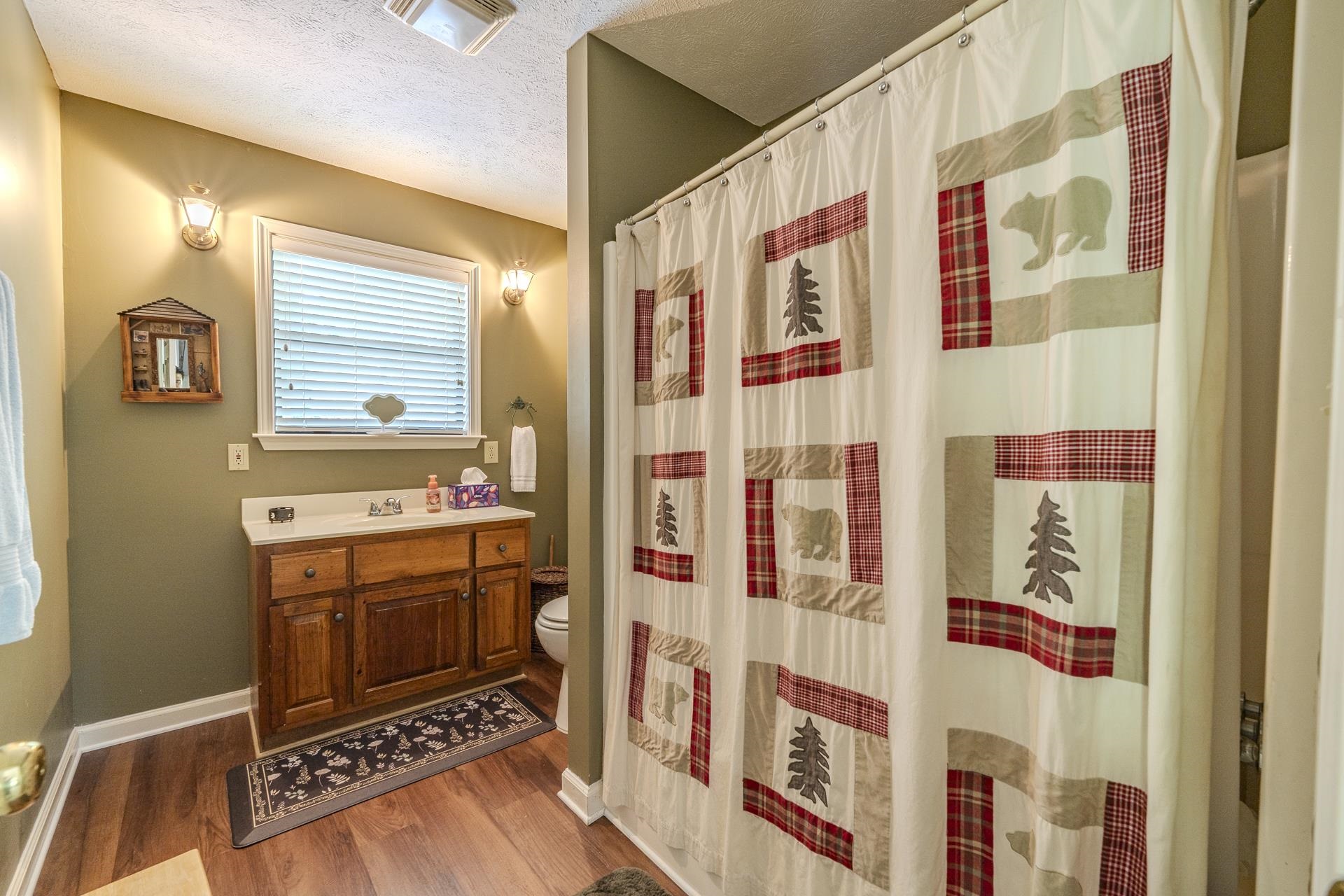 435 Murray Lane Counce, TN 38326 - Photo 29 of 34 Bathroom featuring a wood-finish floor, wood vanity with a white countertop, and a window with blinds