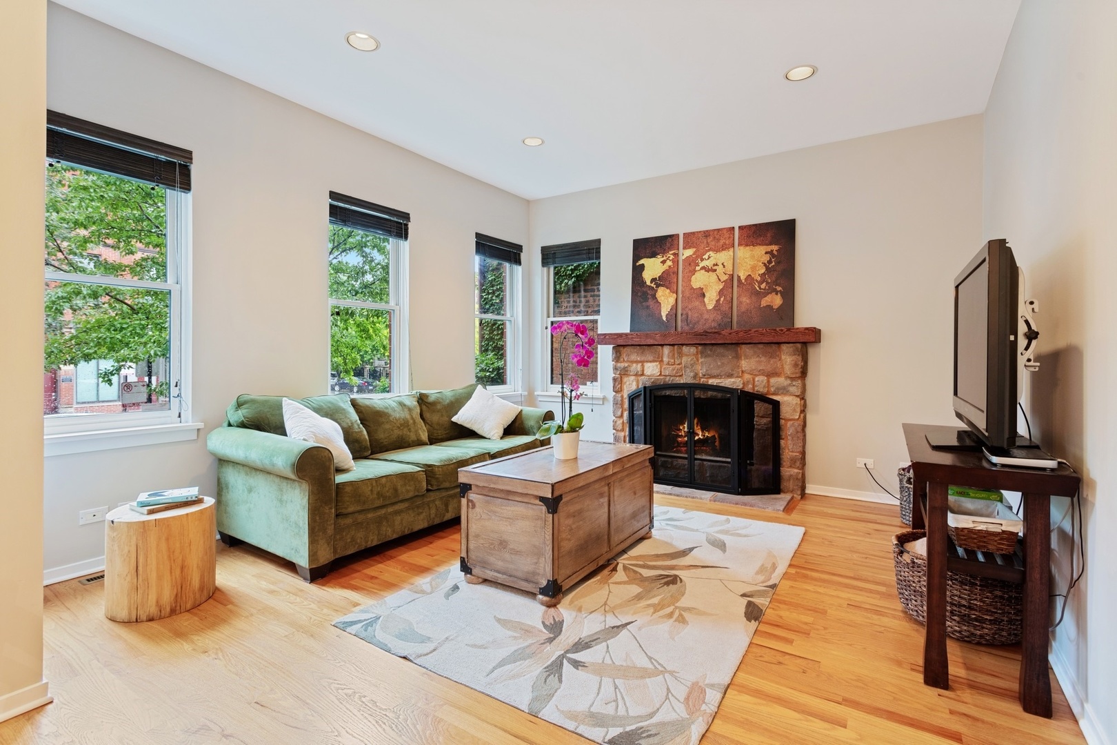 2955 North Racine Avenue, Unit 1A Chicago, IL 60657 - Photo 5 of 29 a living room with furniture a flat screen tv and a fireplace