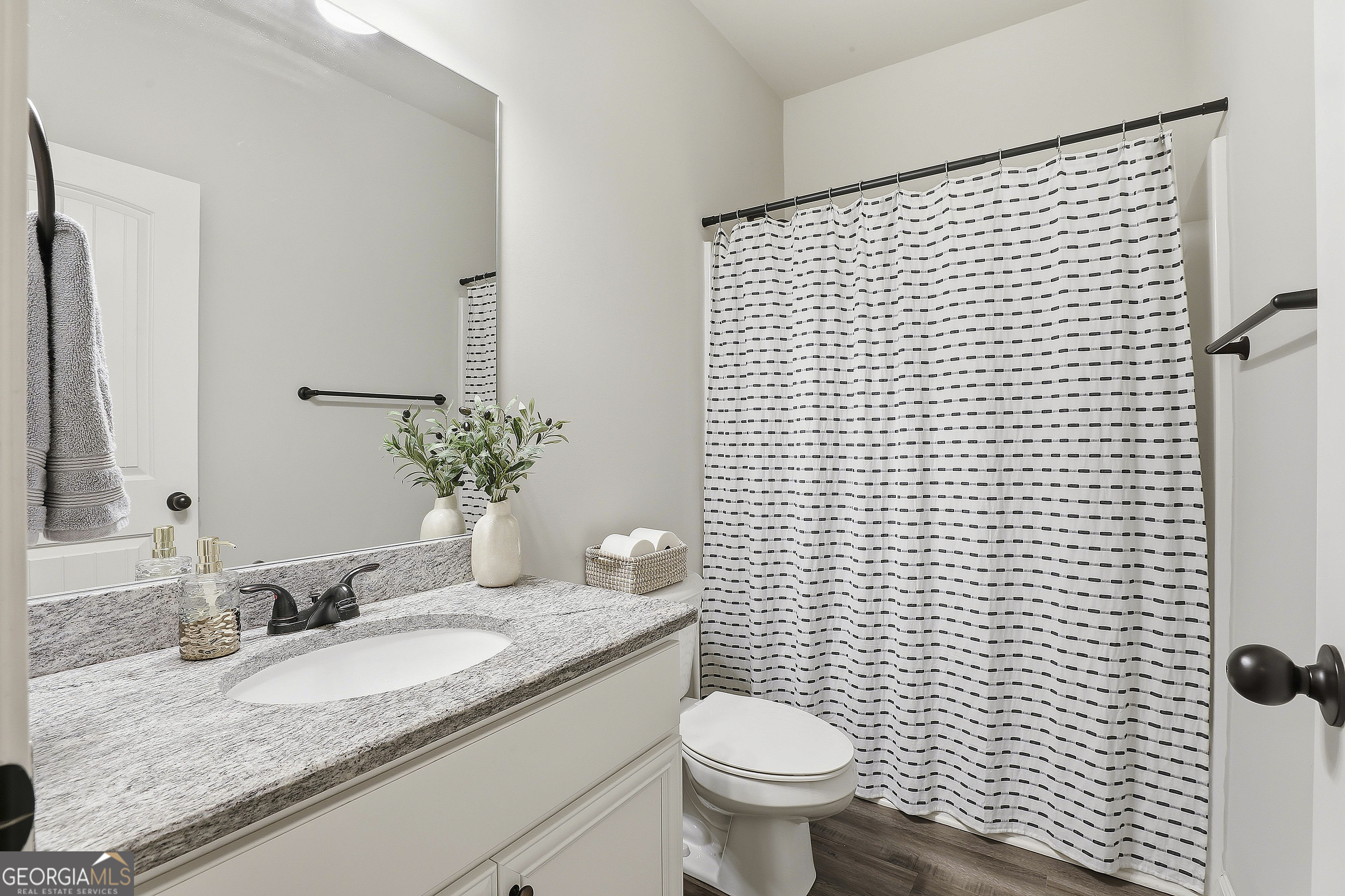 66 Chapman Farm Road Senoia, GA 30276 - Photo 30 of 46 a bathroom with a granite countertop sink toilet and shower
