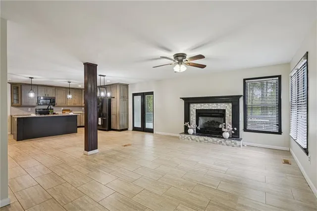 a kitchen with refrigerator and countertop