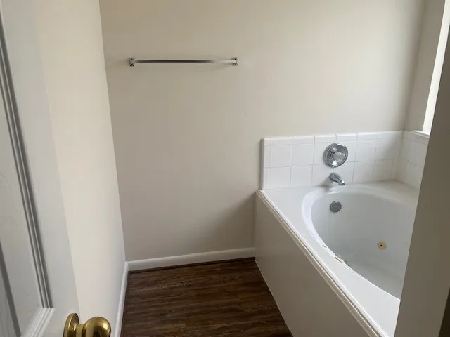 a bathroom with a bathtub
