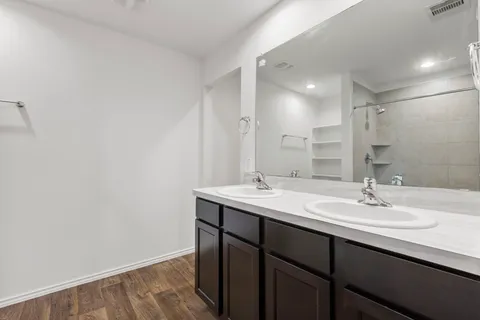 a bathroom with a sink and a mirror